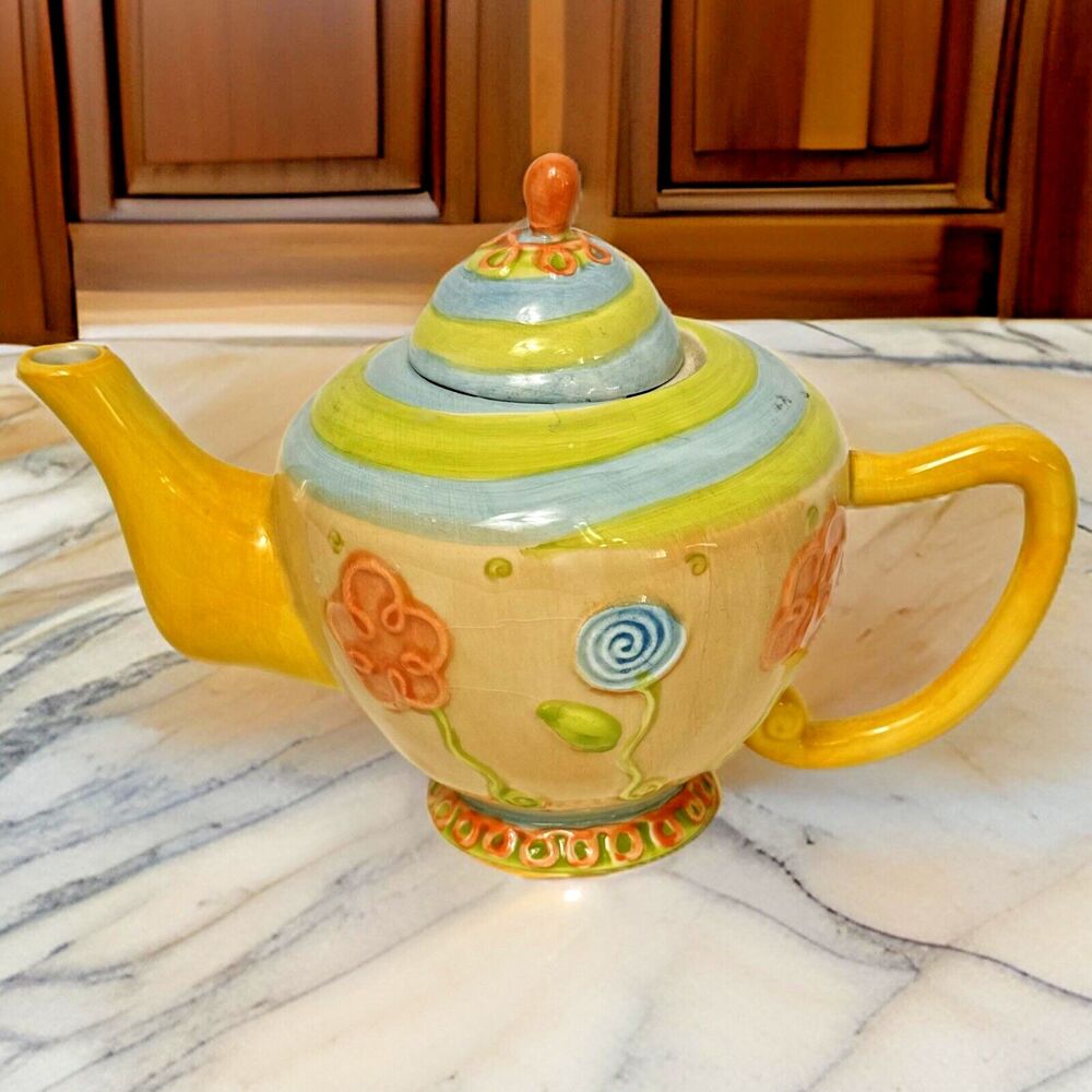 Teapot - Oneida Teapot Yellow Orange Blue Green Flowers